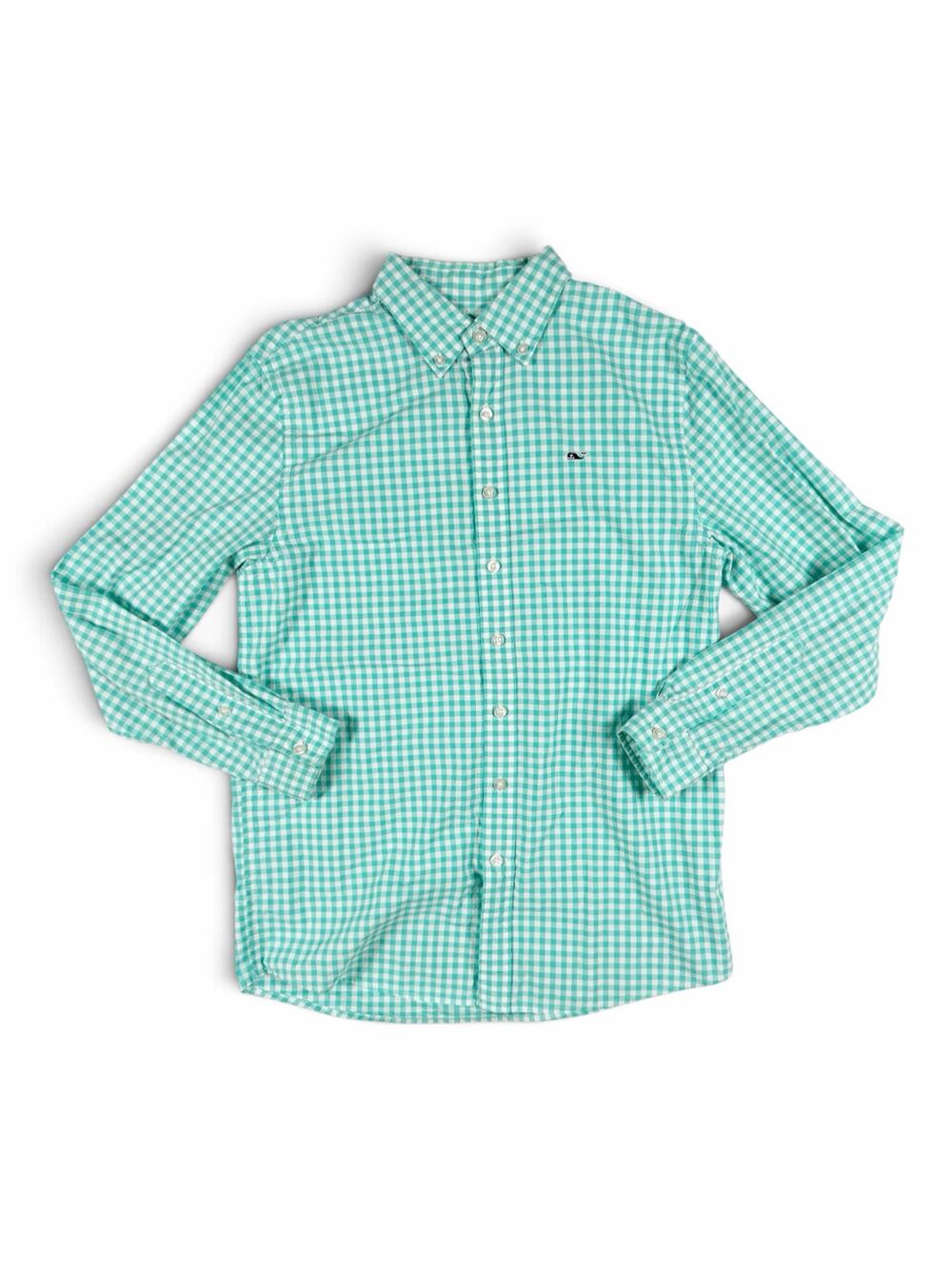 Vineyard Vines Whale Shirt Mint Green Gingham Button Down Boys Large 16